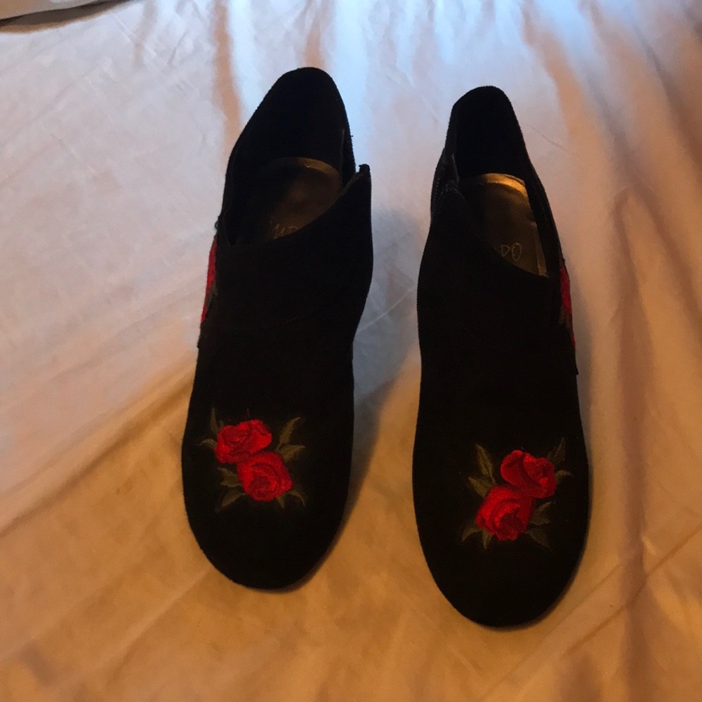 Rose embroidered bootie heels